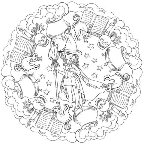 Halloween Mandala With A Cute Witch And Pot Of Potion Coloring Page